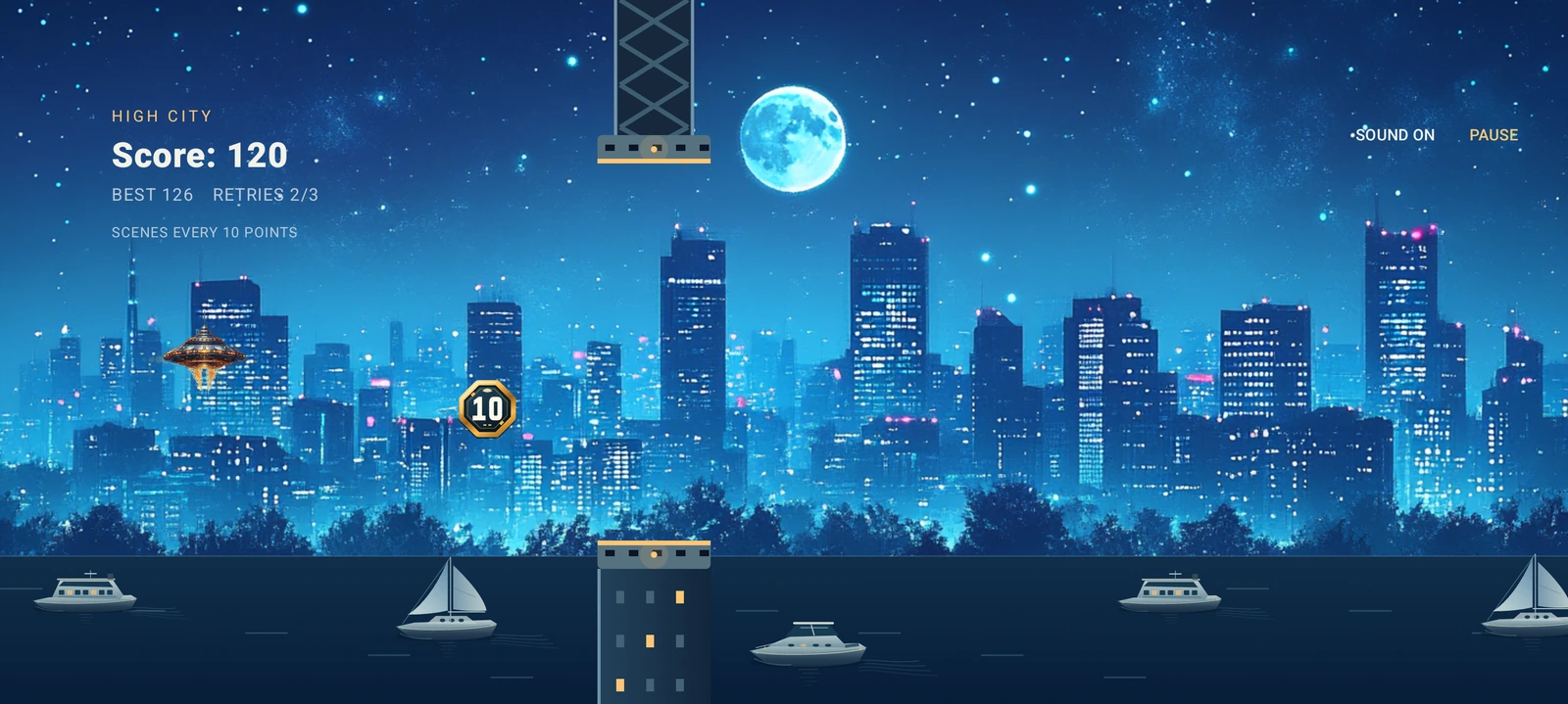 Actual UFO Rush development gameplay above the High City harbour